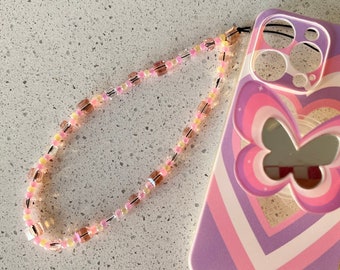 Pink Crystal Glass Beaded Phone Charm, Sparkle Phone Strap, Beaded Phone Chain, 90s Phone Accessories, Crystal Phone Strap, Phone Strap Bead