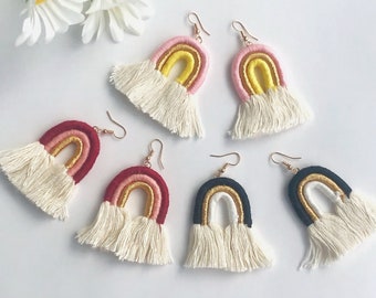 Macrame Rainbow Dangle Drop Earring, Handmade Tassel Earrings, Arch Macrame Earrings, Fabric Earrings, Boho Earrings, Christmas Earrings