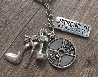 Strong is Beautiful Keychain, Fitness Girl Keychain, High Heel Dumbbell Keychain, Exercise Keychain, Key Ring for Female Weightlifters