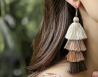 Layered Tassel Dangle Earrings, Pine Shale Tassel Earrings, Handmade Boho Earrings, Gradient Tassel Drop Earrings, Statement Tassel Earrings