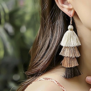 Layered Tassel Dangle Earrings, Pine Shale Tassel Earrings, Handmade Boho Earrings, Gradient Tassel Drop Earrings, Statement Tassel Earrings image 1