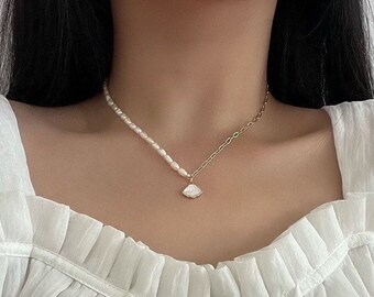 Half Pearl Half Link Chain Gold Necklace, Freshwater Pearl Necklace, Pearl Necklace with Pendant, Real Pearl Necklace