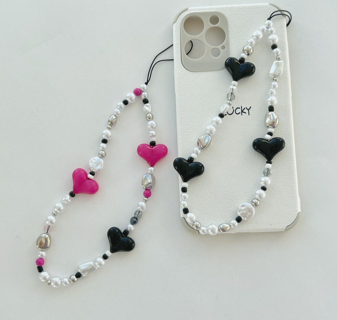Personalised Name Beaded Phone Charm Wristlet, iPhone Strap All White Pearl  Love Hearts, With WHITE / GOLD Letters and GOLD Love Heart 