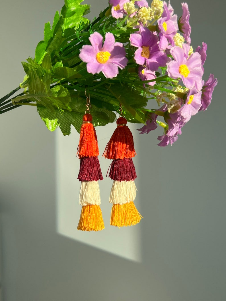 Layered Tassel Dangle Earrings, Pine Shale Tassel Earrings, Handmade Boho Earrings, Gradient Tassel Drop Earrings, Statement Tassel Earrings image 5