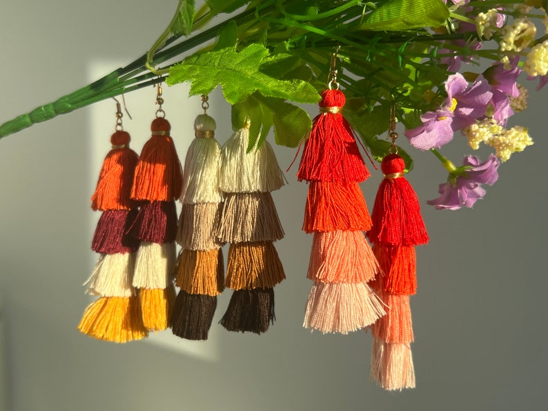 Layered Tassel Dangle Earrings, Pine Shale Tassel Earrings, Handmade Boho Earrings, Gradient Tassel Drop Earrings, Statement Tassel Earrings image 2