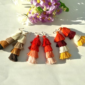 Layered Tassel Dangle Earrings, Pine Shale Tassel Earrings, Handmade Boho Earrings, Gradient Tassel Drop Earrings, Statement Tassel Earrings image 9