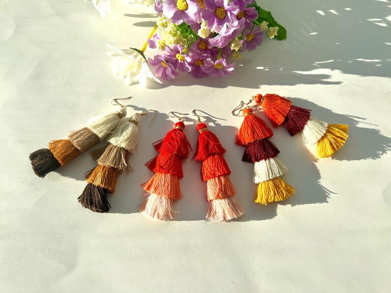 Layered Tassel Dangle Earrings, Pine Shale Tassel Earrings, Handmade Boho Earrings, Gradient Tassel Drop Earrings, Statement Tassel Earrings image 9