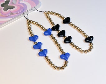 Heart Phone Charm, Heart Phone Strap, Blue Heart Phone Strap, Black Heart Phone Strap, Y2K Phone Chain, Cute Phone Charm, Phone Charm Beads