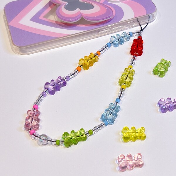 Rainbow Gummy Bear Phone Strap, Haribo Bear Beaded Phone Charm, Gummy Bear Phone Charm, Teddy Bear Phone Charm Strap, Candy Bear Phone Charm