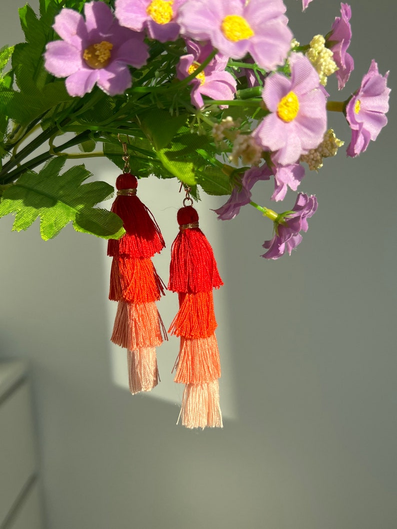 Layered Tassel Dangle Earrings, Pine Shale Tassel Earrings, Handmade Boho Earrings, Gradient Tassel Drop Earrings, Statement Tassel Earrings image 4