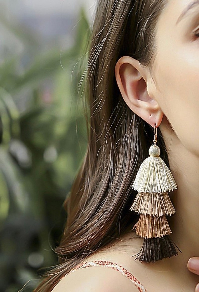 Layered Tassel Dangle Earrings, Pine Shale Tassel Earrings, Handmade Boho Earrings, Gradient Tassel Drop Earrings, Statement Tassel Earrings image 1