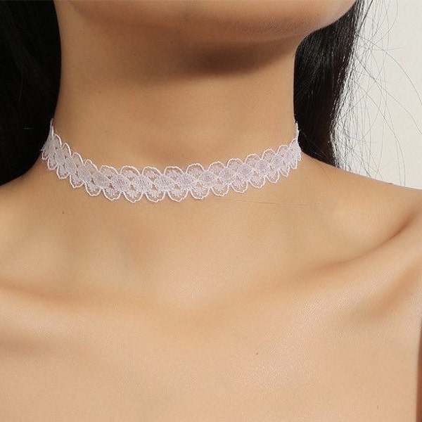 White Lace Choker, Choker Necklace, Delicate White Choker, Elegant Choker, Patterned Lace Choker, Choker Collar, Retro Style Choker