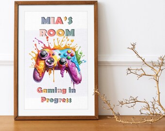 Personalized Gamer Room Sign | Custom Name in Vibrant Alphabets | Watercolor Gaming Controller Art | Customized Message | Kids Gaming Decor