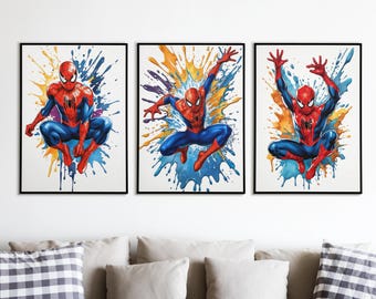 Spiderman Splash Watercolor Prints Set of 3 - Superhero Wall Art for Kids Room Decor - Colorful Marvel Art Prints
