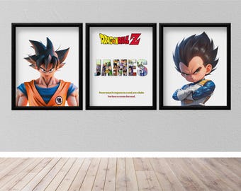 Personalised Dragon Anime Name Art – Goku & Vegeta Wall Print Set of 3 Custom Quote Gift for Him | Dragon Ball Z Room Decor Birthday Present