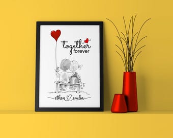 Personalised Valentine's Day Gift - Pencil Sketch Style Couple Portrait with Names & Forever Together Heading, Custom Romantic Illustration