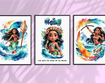 Moana Princess Wall Art Prints Set of 3 – Vibrant Watercolor Decor, Personalised Name & Quote – Girls Nursery Bedroom Gift