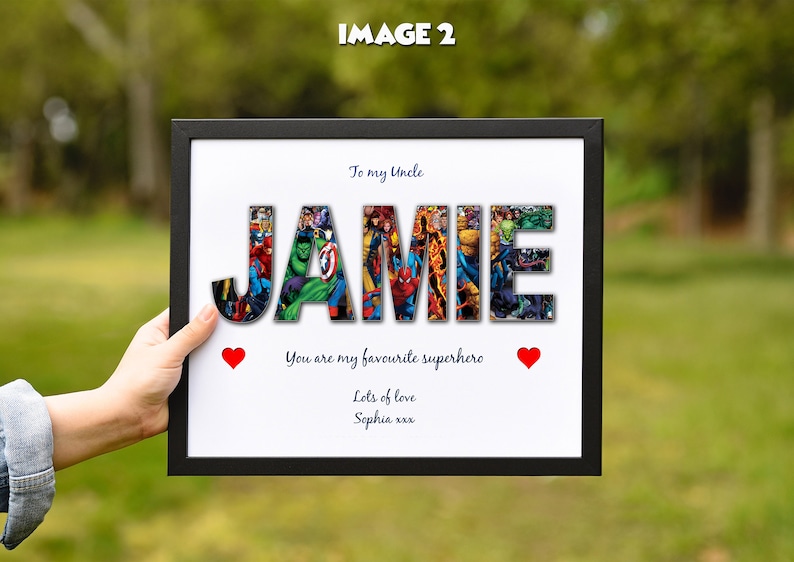 Personalised Marvel Named Gift Modern Customised theme Background Font Logo Message Comics Latest Trend Favourite Superhero Birthday Present image 2