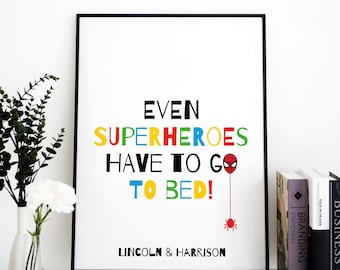 Superhero Personalised Bedtime Poster Customizable Wall Art for Children's Bedroom Decor | Superheroes Need To Sleep, Modern Humor,