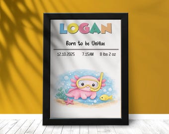 Personalised Axolotl Nursery Wall Art – Baby Name Print with Birth Details & Cute Quote | Newborn Gift | Toddler Room Decor | Mum to Be Gift