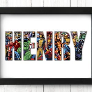 Heroic Personalised Marvel Name Poster / Wall Art Unique Kids Gift Idea for Spiderman, Hulk, Ironman fan image 1