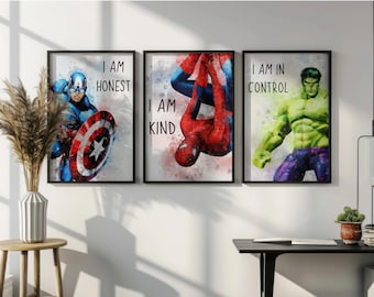 Marvel Superheroes Positive Affirmation Prints - Watercolor Wall Art Set - Choose 1, 3, or 5 Prints - Motivational Kids Room Decor