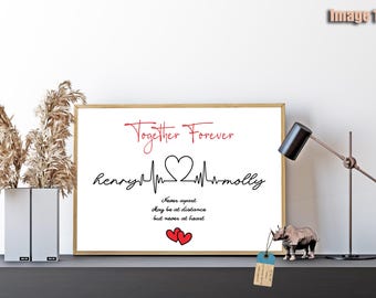 Personalised Love Story Art Print Custom Couple's Names and Message for Valentine's Day, Anniversary, or Special Gift ECG Heart illustration