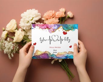 Personalised Valentine's Day Gift with couple Names and Vibrant Ink splash background Line Art, Heart & ECG Design, Soul Mates Since Date