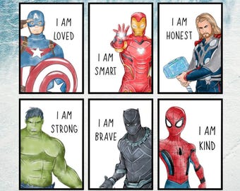 Set of 6 Marvel Superhero Affirmation Prints – Motivational Wall Art Kids Bedroom - Baby heroes - Nursery Decor Multiple Themes Print/Framed