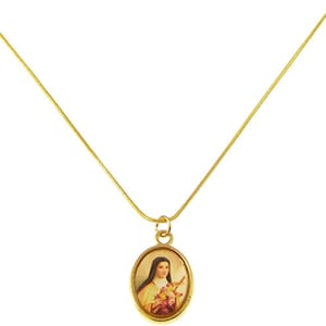 St. Therese medal necklace on 18 inch gold colour metal snake chain Catholic gift