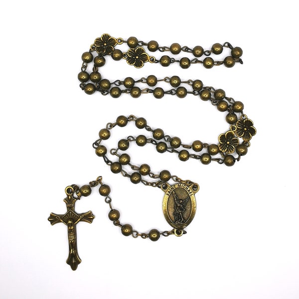 St. Michael rosary beads bronze brass effect with flower pater beads