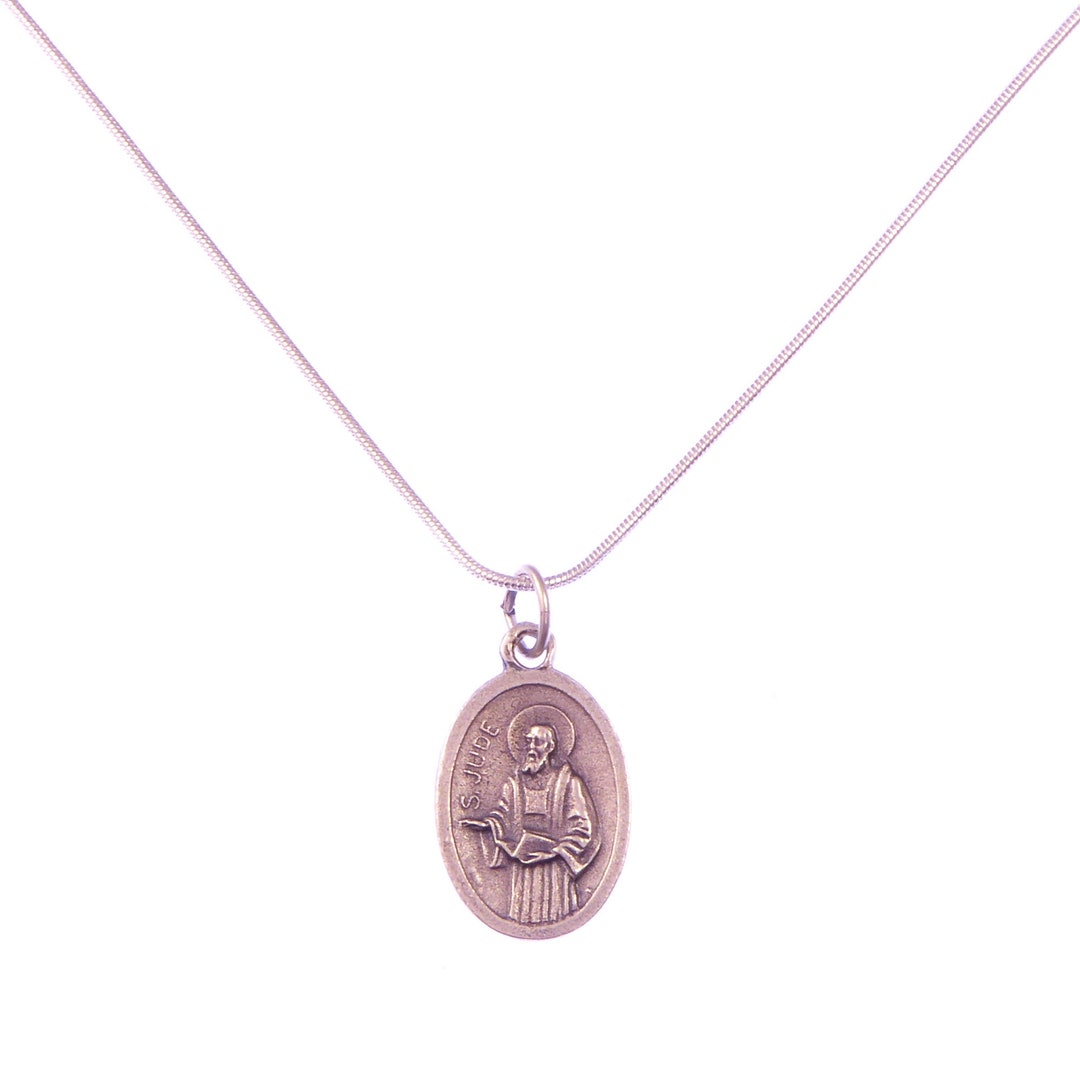 St. Jude Medal Necklace on 18 Inch Silver Colour Metal Snake Chain ...