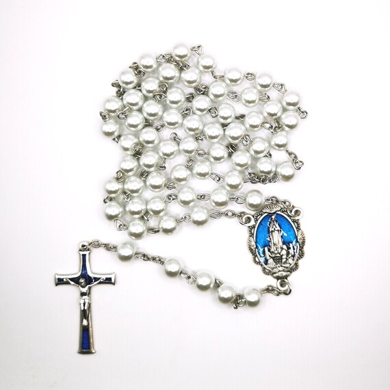 Our Lady of Fatima Rosary Beads Long White Pearly Beads Blue Etsy