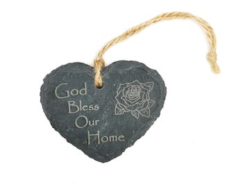 God Bless Our Home slate heart hanging lasered Christian gift with rose design 6cm