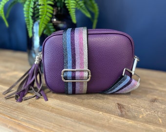 Purple Italian Leather Crossbody Bag, Camera Bag, Leather Tassle,  Festival Bag, Small Crossbody, Purse, 2 Straps Included, Purple Bag