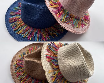 Multicoloured Fringe Straw Hat, Beach Hat, Holiday Hat, Hat for Summer, Hat With Fringe, Women’s Hat
