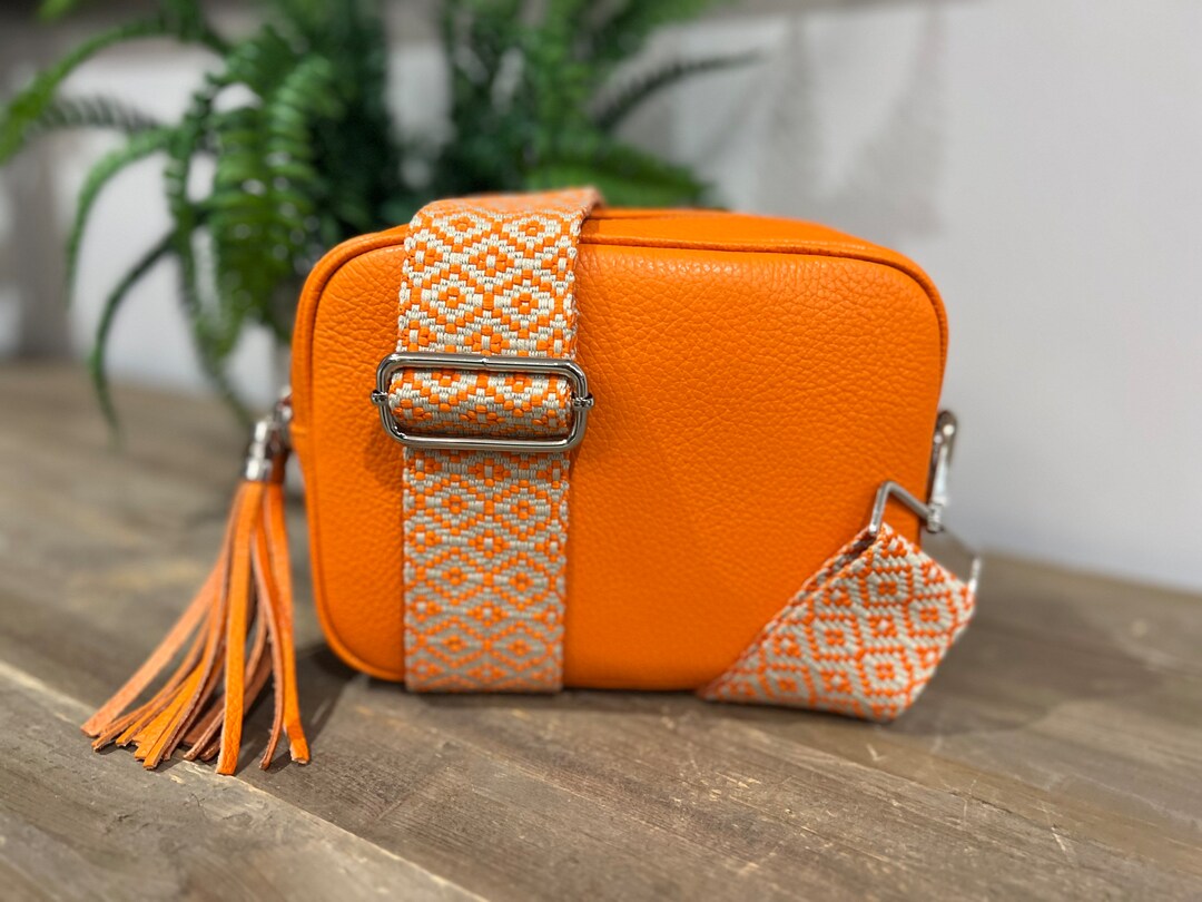Orange Italian Leather Crossbody Bag, Camera Bag, Leather Tassle