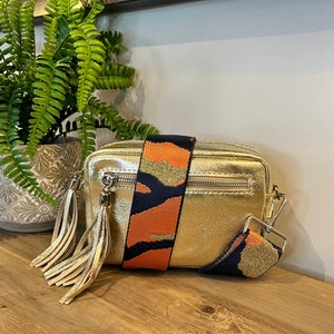 Wide Gold Lurex Khaki Stripe Bag Strap - Fairlie Curved