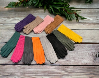 Faux Suede Gloves, Touch Screen Finger, warm, Gift, One Size, Stretchy, Stylish, Super Soft, Vegan Leather Gloves, Winter Fashion Gloves