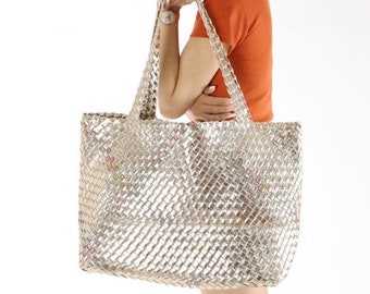 Gold Woven Bag for Women, Tote Bag, Woven Bag , Shoulder Bag, Handbag, Holiday Bag, Work Bag, Gift for her