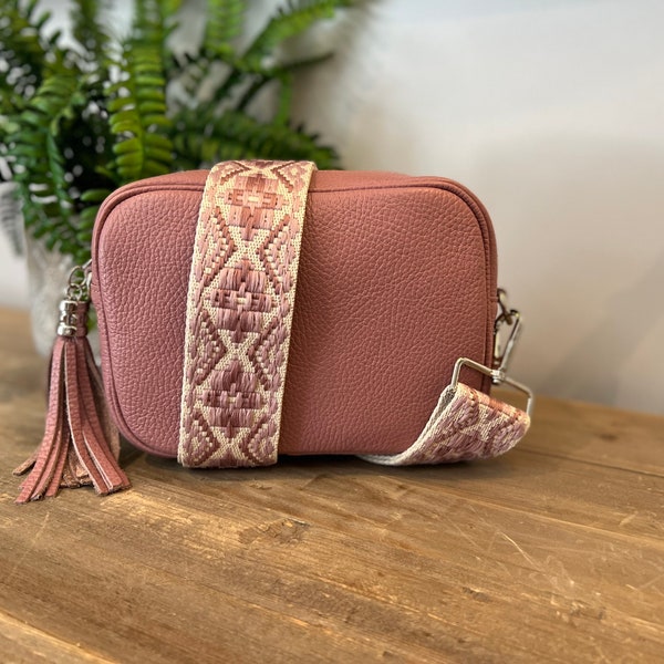 Dusky Pink, Italian Leather Crossbody Bag, Camera Bag, Tassle,  Festival Bag, Small Crossbody, Purse, 2 Straps, Rose Pink, Blush Pink