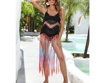 Black Beach Dress, Cover Up, Fringe, Party Beach Coverups, Beach Vacation, Sarong, Swimsuit Cover Up, Holiday Cover up, Hen Party