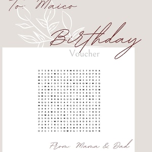Bono de cumpleaños, personalizado con crucigramas, bono de rompecabezas personalizable, sopa de letras de regalo también bono de correo electrónico Canva