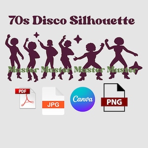 Lot de 6 silhouettes de danseuses disco des années 70 (svg, png, pdf, jpg) pour découpe, traçage, impression 3D, fichiers de danseuses dansantes, découpe Canva, vecteur Cricut