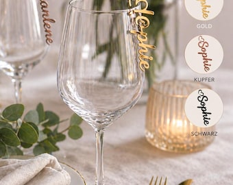 Personalized name tags for glasses – gold, copper or black – for weddings, birthdays, parties, baby showers, name tags