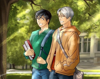 At the campus - A4 / A5 Yuuri on Ice Victuuri College AU art print, Viktor Nikiforov, Yuuri Katsuki, ユーリ!!! on ICE