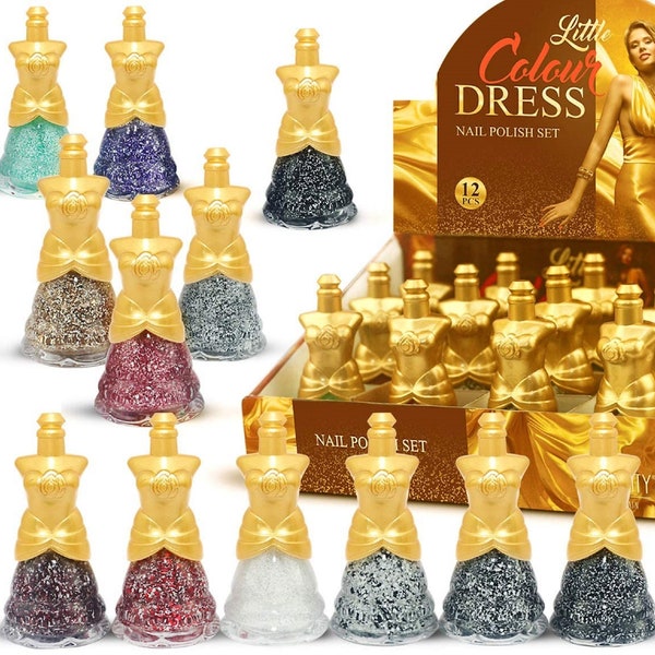 12 x Glitter Nail Polish Dress Shaped 12 pcs Display Box Set #A 12 bottles