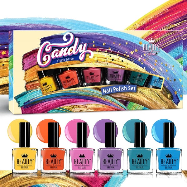 Beauty4Britain 6 x Luxury Nail Polish 6 Different Bright Rainbow Pride Colours Candy Gift Box