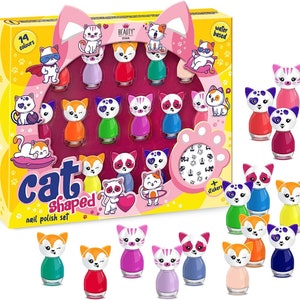 14 x Nail Polish Cat Shaped Peel-Off Water Based 14 Different Colors Luxury Box