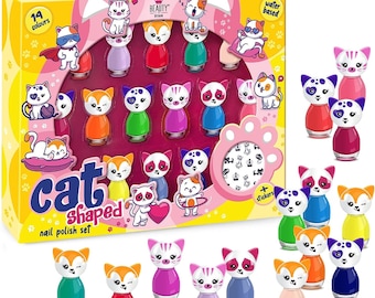 14 x Nail Polish Cat Shaped Peel-Off Water Based 14 Different Colors Luxury Box